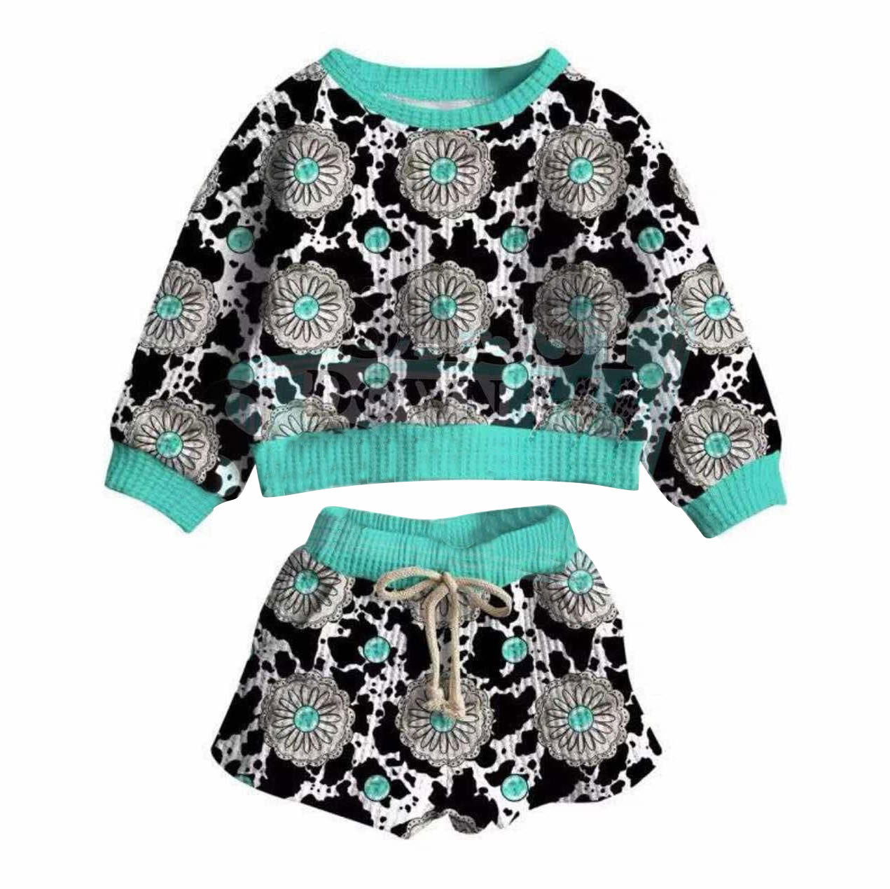MOQ 5 PCS preorder GLS0064 Gemstone Cow Print Blue Green Long-Sleeved Shorts Girls Set 202511