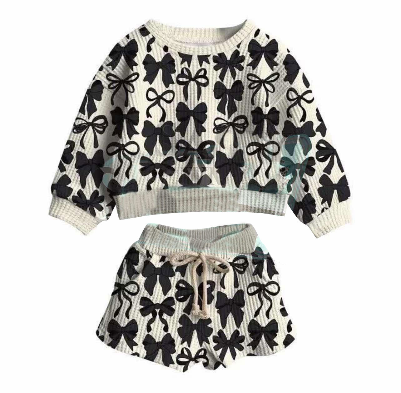 MOQ 5 PCS preorder GLS0066 Black Bows Beige Long-Sleeved Shorts Girls Set 202511