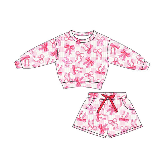MOQ 5 Preorder GLS0075 Bows Pink Plaid Long Sleeve Shorts Girls Sets 202511