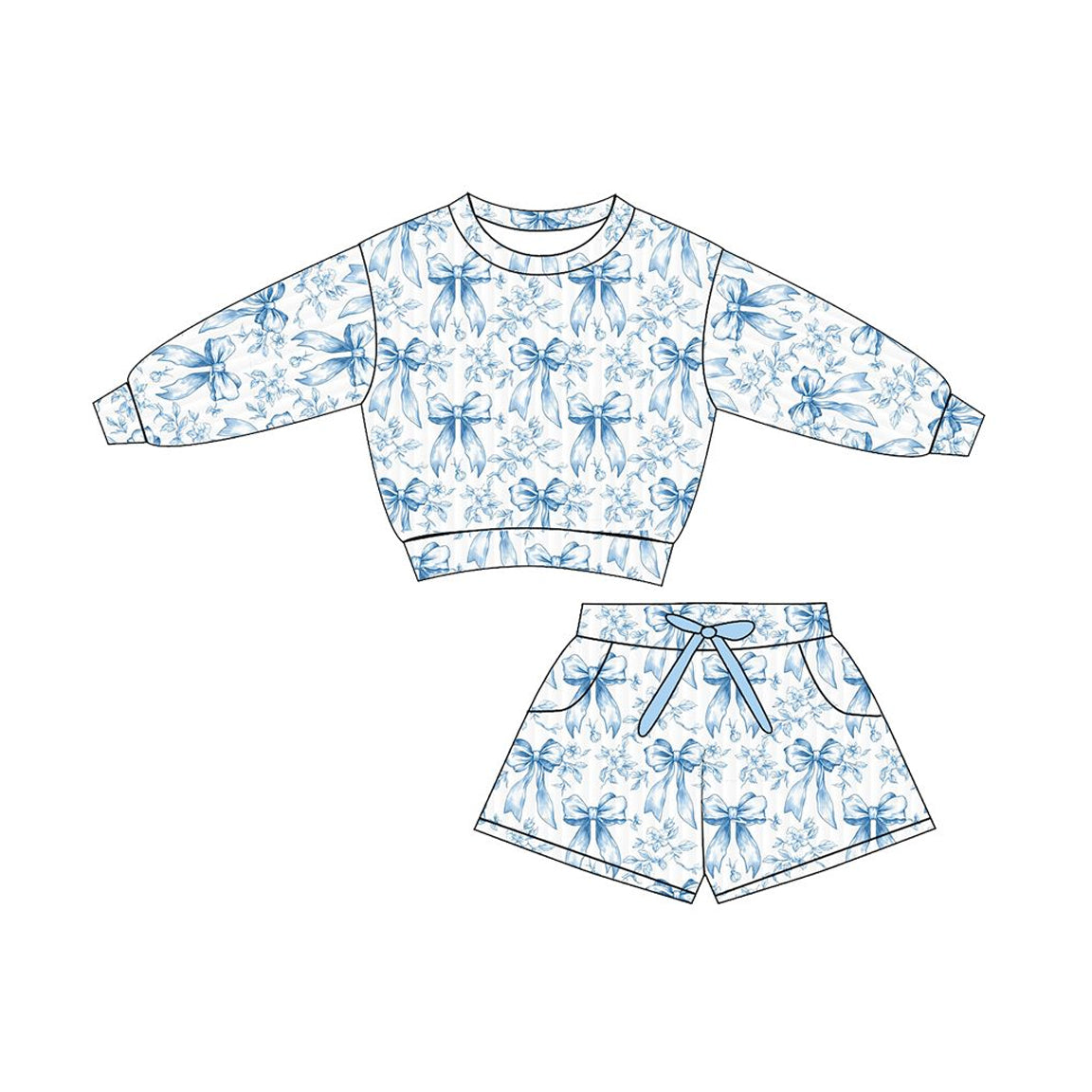 MOQ 5 Preorder GLS0076 Bows Flower Blue White Long Sleeve Shorts Girls Sets 202511