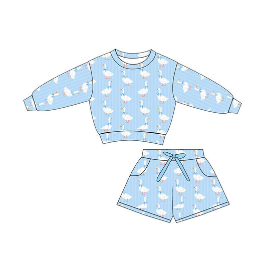 MOQ 5 Preorder GLS0077 Duck Bows Blue Stripe Long Sleeve Shorts Girls Sets 202511