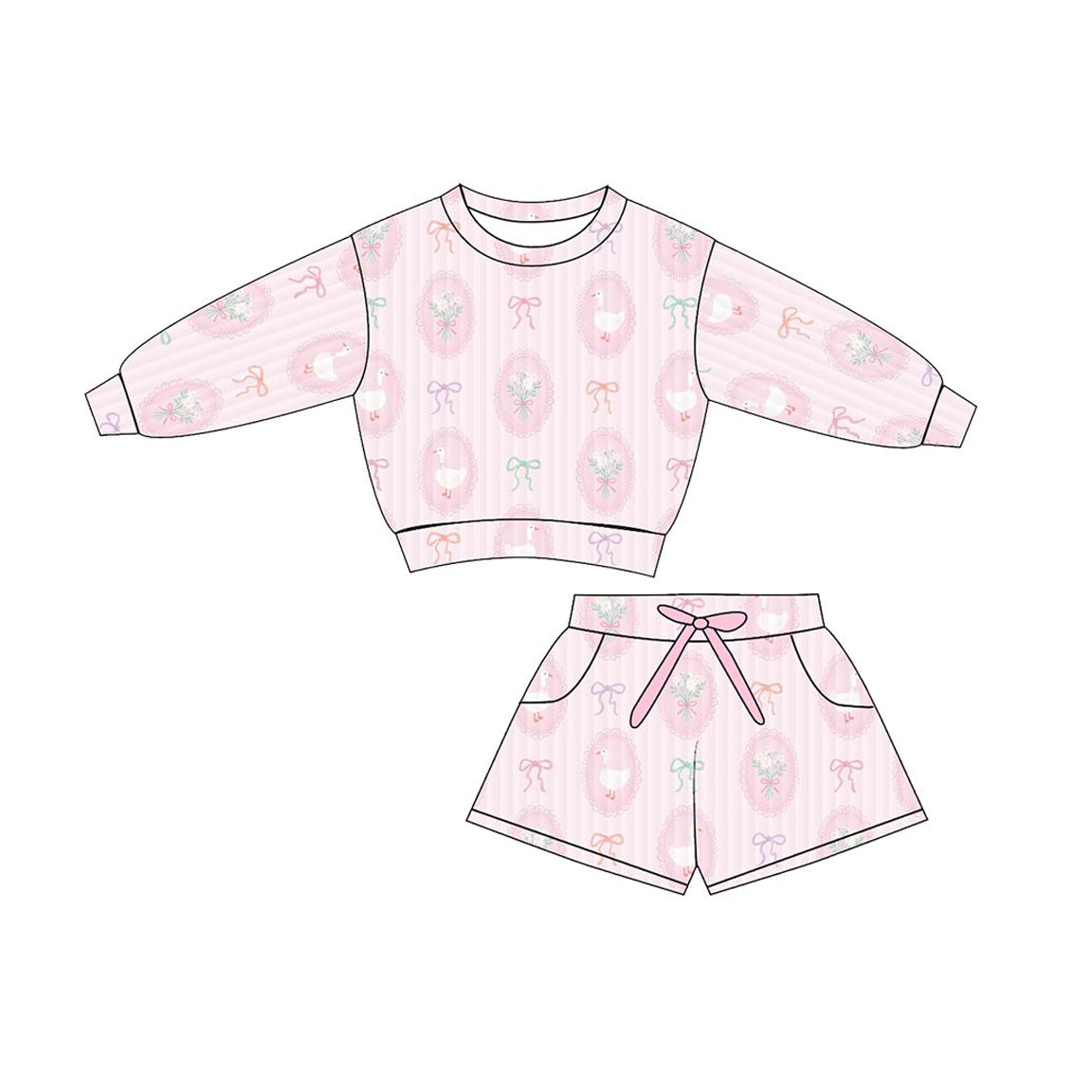 MOQ 5 Preorder GLS0078 Duck Bows Flower Pink Stripe Long Sleeve Shorts Girls Sets 202511