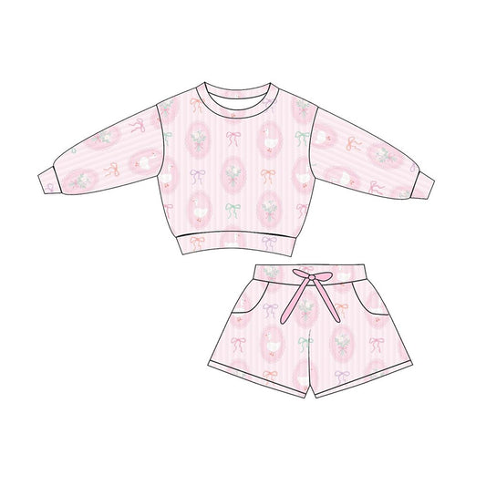 MOQ 5 Preorder GLS0078 Duck Bows Flower Pink Stripe Long Sleeve Shorts Girls Sets 202511
