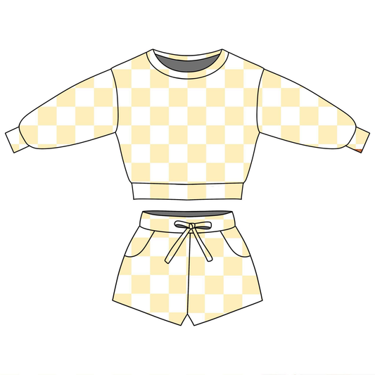 MOQ 5 PCS Preorder GLS0084 Yellow Plaid Long Sleeve Shorts Girls Sets 202601