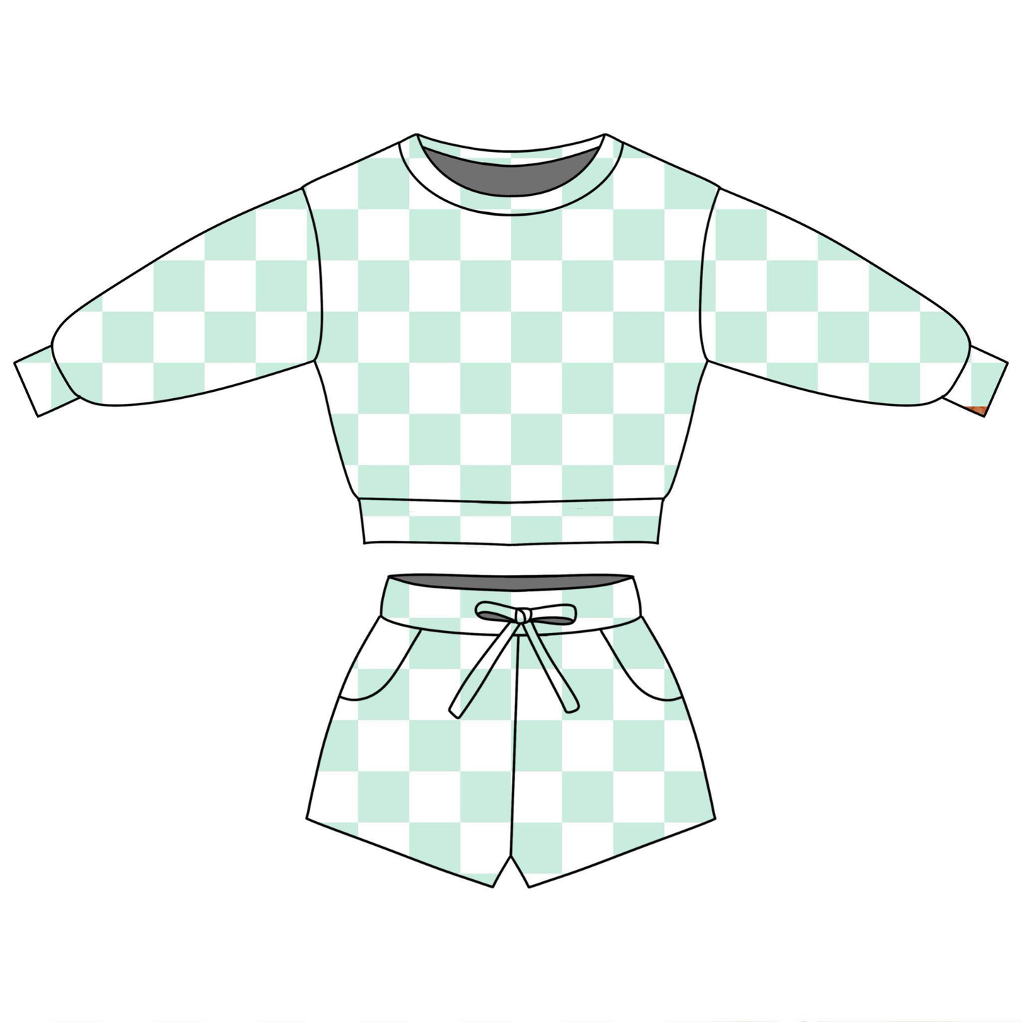 MOQ 5 PCS Preorder GLS0085 Pea Green Plaid Long Sleeve Shorts Girls Sets 202601