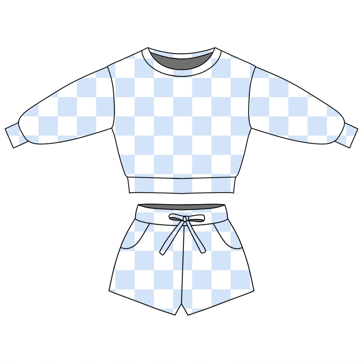 MOQ 5 PCS Preorder GLS0087 Sky Blue Plaid Long Sleeve Shorts Girls Sets 202601