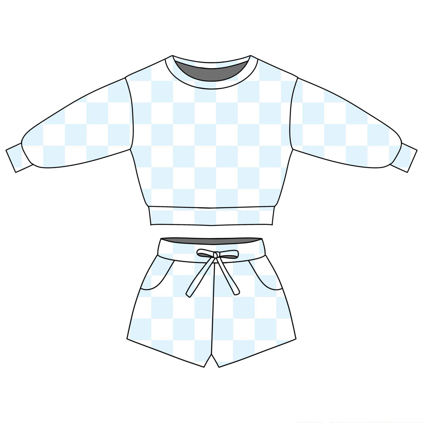 MOQ 5 PCS Preorder GLS0088 Light Blue Plaid Long Sleeve Shorts Girls Sets 202601