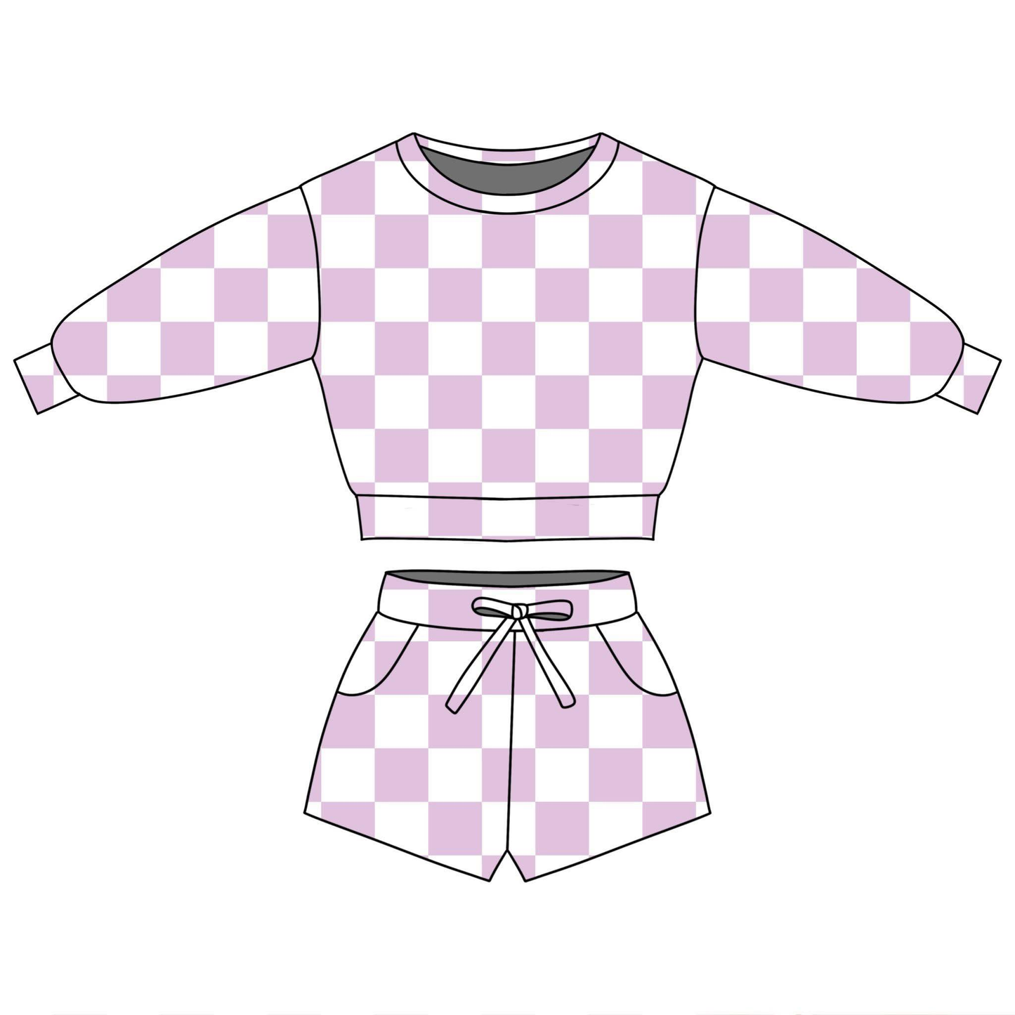 MOQ 5 PCS Preorder GLS0089 Purple Pink Plaid Long Sleeve Shorts Girls Sets 202601