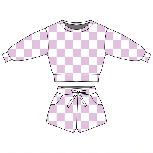 MOQ 5 PCS Preorder GLS0089 Purple Pink Plaid Long Sleeve Shorts Girls Sets 202601