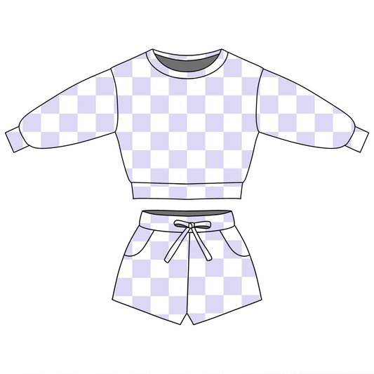 MOQ 5 PCS Preorder GLS0090 Purple Plaid Long Sleeve Shorts Girls Sets 202601