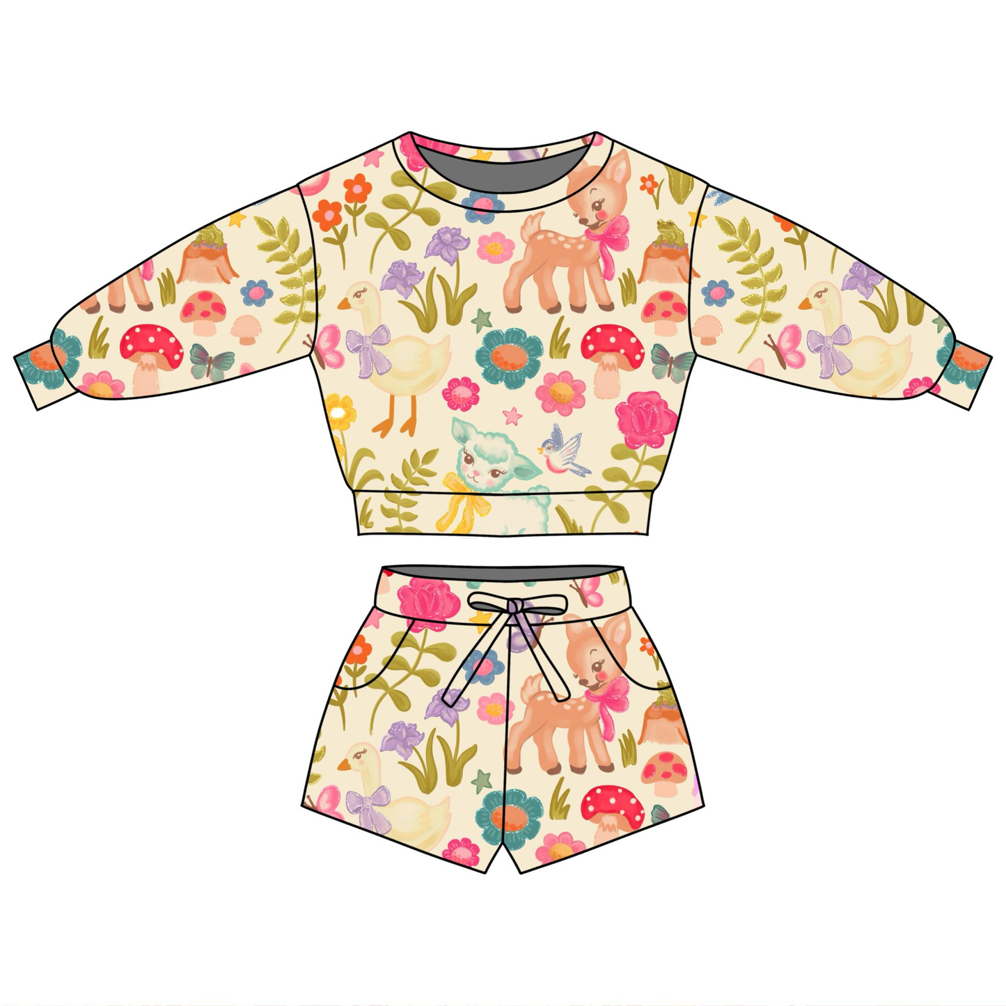 MOQ 5 PCS Preorder GLS0092 Deer Sheep Animal Flower Leaf Mushroom Long Sleeve Shorts Girls Sets 202601