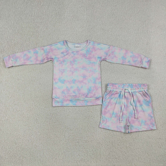 GLS0094 Blue Purple Tie-Dye Long Sleeve Shorts Girls Sets 202603 RTS