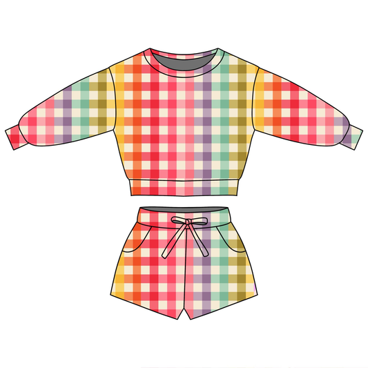MOQ 5 PCS Preorder GLS0095 Colored Plaid Long Sleeve Shorts Girls Sets 202601