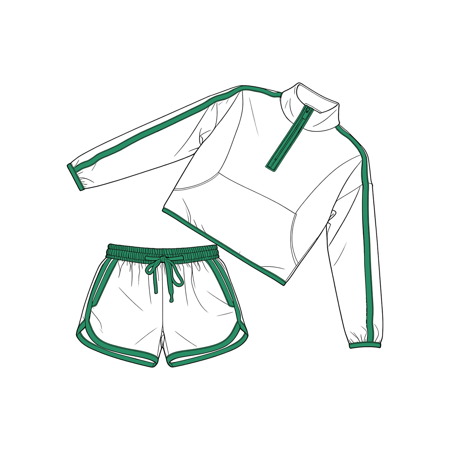 MOQ 5 PCS Preorder GLS0096 Green White Patchwork Zip Collar Long Sleeve Shorts Girls Sets 202603