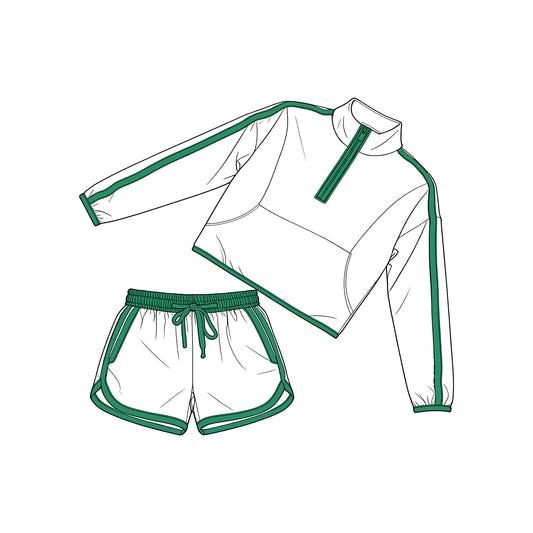 MOQ 5 PCS Preorder GLS0096 Green White Patchwork Zip Collar Long Sleeve Shorts Girls Sets 202603