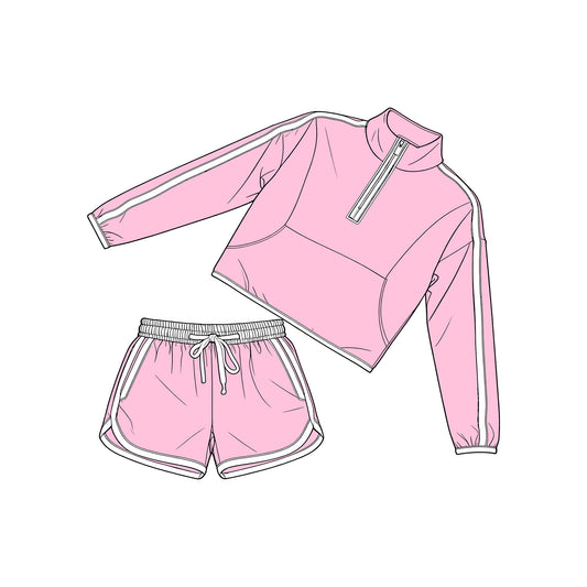 MOQ 5 PCS Preorder GLS0097 Pink White Patchwork Zip Collar Long Sleeve Shorts Girls Sets 202603