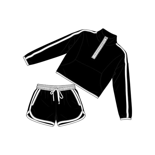 MOQ 5 PCS Preorder GLS0098 Black White Patchwork Zip Collar Long Sleeve Shorts Girls Sets 202603