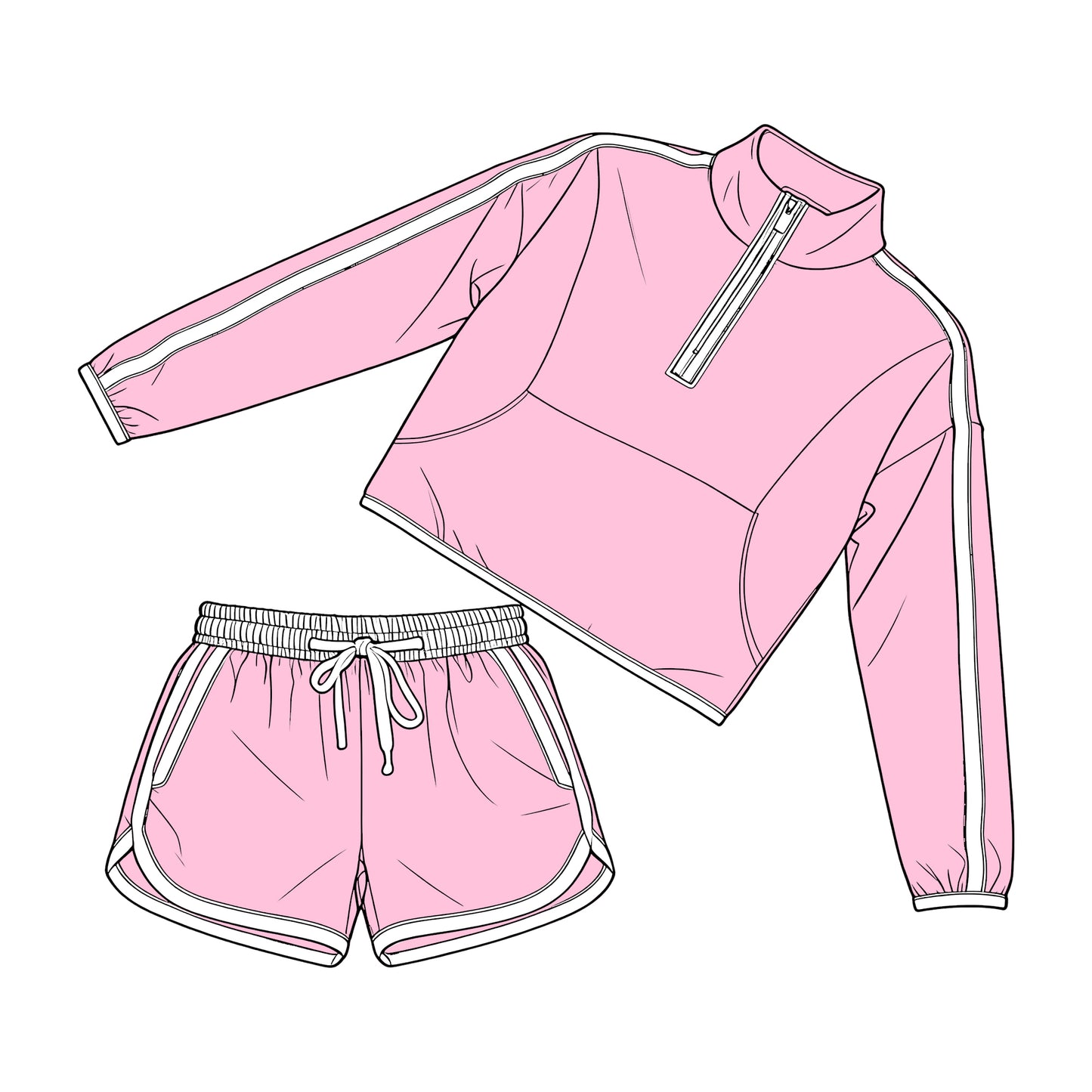 MOQ 5 PCS preorder GLS0101 Adult Female Pink White Patchwork Zip Collar Long Sleeve Shorts Sets 202603