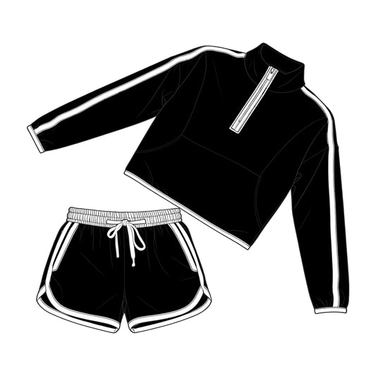 MOQ 5 PCS preorder GLS0102 Adult Female Black White Patchwork Zip Collar Long Sleeve Shorts Sets 202603