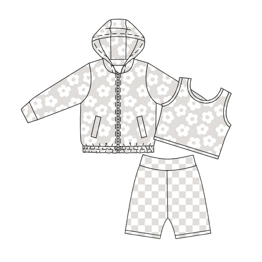 MOQ 5 PCS Preorder GLS0104 3PCS Flower Gray Zipper Hooded Long Sleeve Top Pants with Vest Girls Yoga Sets 202605