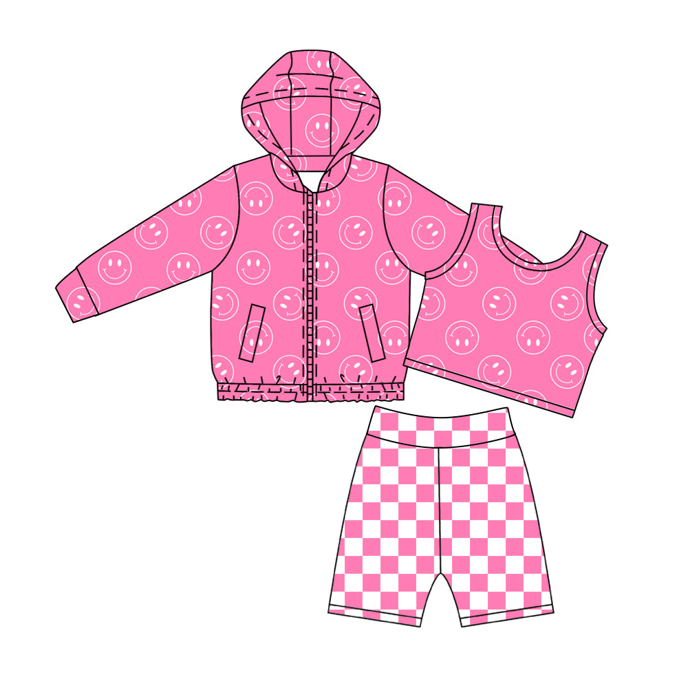 MOQ 5 PCS Preorder GLS0105 3PCS Smile Face Rose Red Zipper Hooded Long Sleeve Top Pants with Vest Girls Yoga Sets 202605