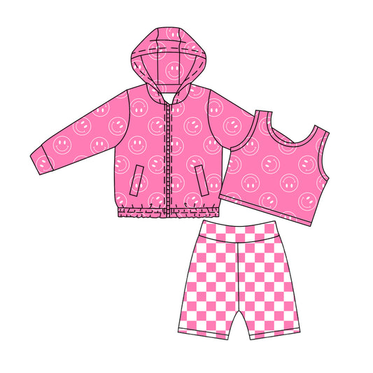 MOQ 5 PCS Preorder GLS0105 3PCS Smile Face Rose Red Zipper Hooded Long Sleeve Top Pants with Vest Girls Yoga Sets 202605
