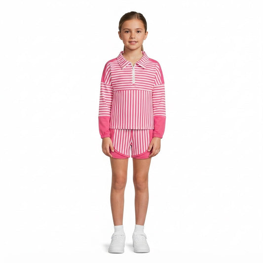 GLS0106 Solid Color Stripe Rose Red Pullover Yoga Girls Shorts Set