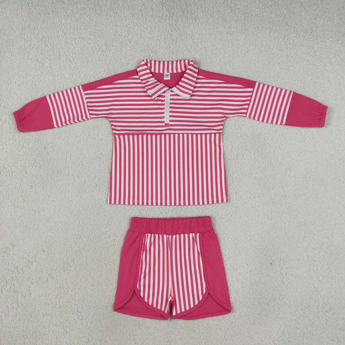 GLS0106 Solid Color Stripe Rose Red Pullover Yoga Girls Shorts Set
