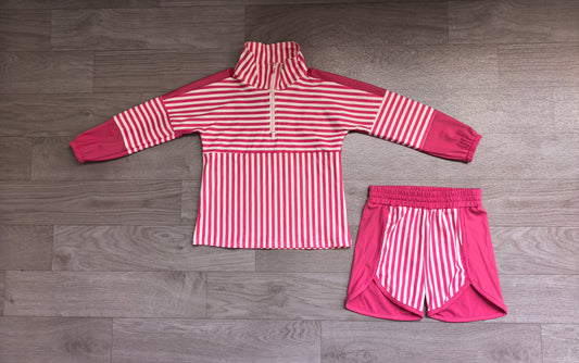 NO MOQ Preorder GLS0106 Rose Red Stripe Zip Long Sleeve Top Shorts Girls Yoga Sets 202607