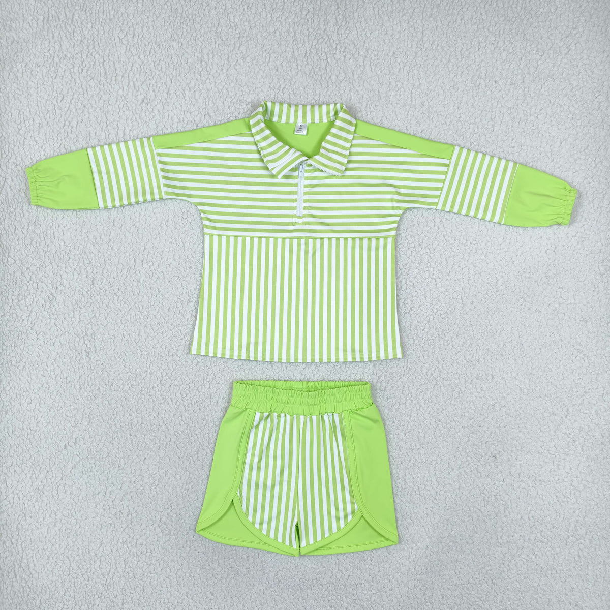 GLS0109 Solid Color Stripe Green Pullover Yoga Girls Shorts Set