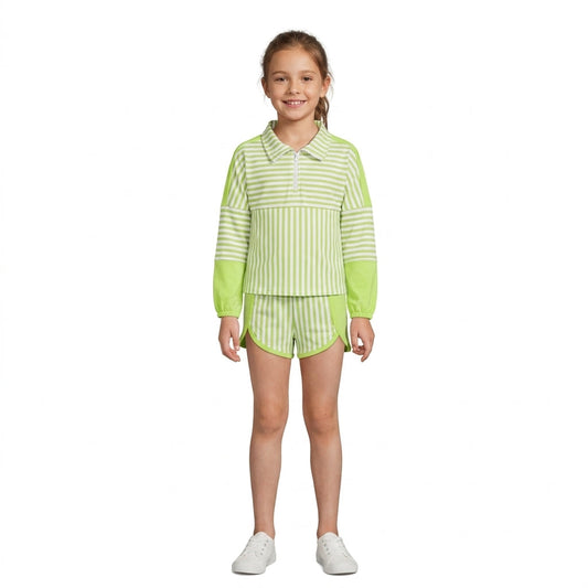 GLS0109 Solid Color Stripe Green Pullover Yoga Girls Shorts Set