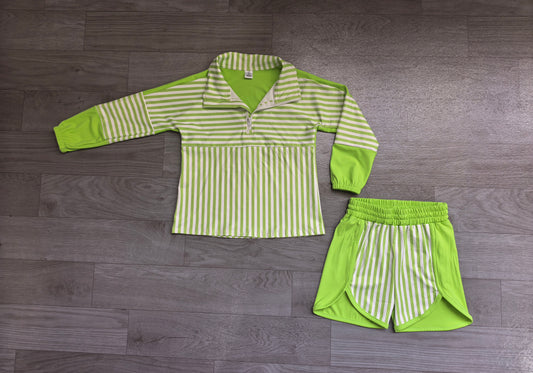 NO MOQ Preorder GLS0109 Green Stripe Zip Long Sleeve Top Shorts Girls Yoga Sets 202607