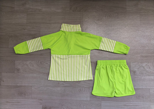 NO MOQ Preorder GLS0109 Green Stripe Zip Long Sleeve Top Shorts Girls Yoga Sets 202607