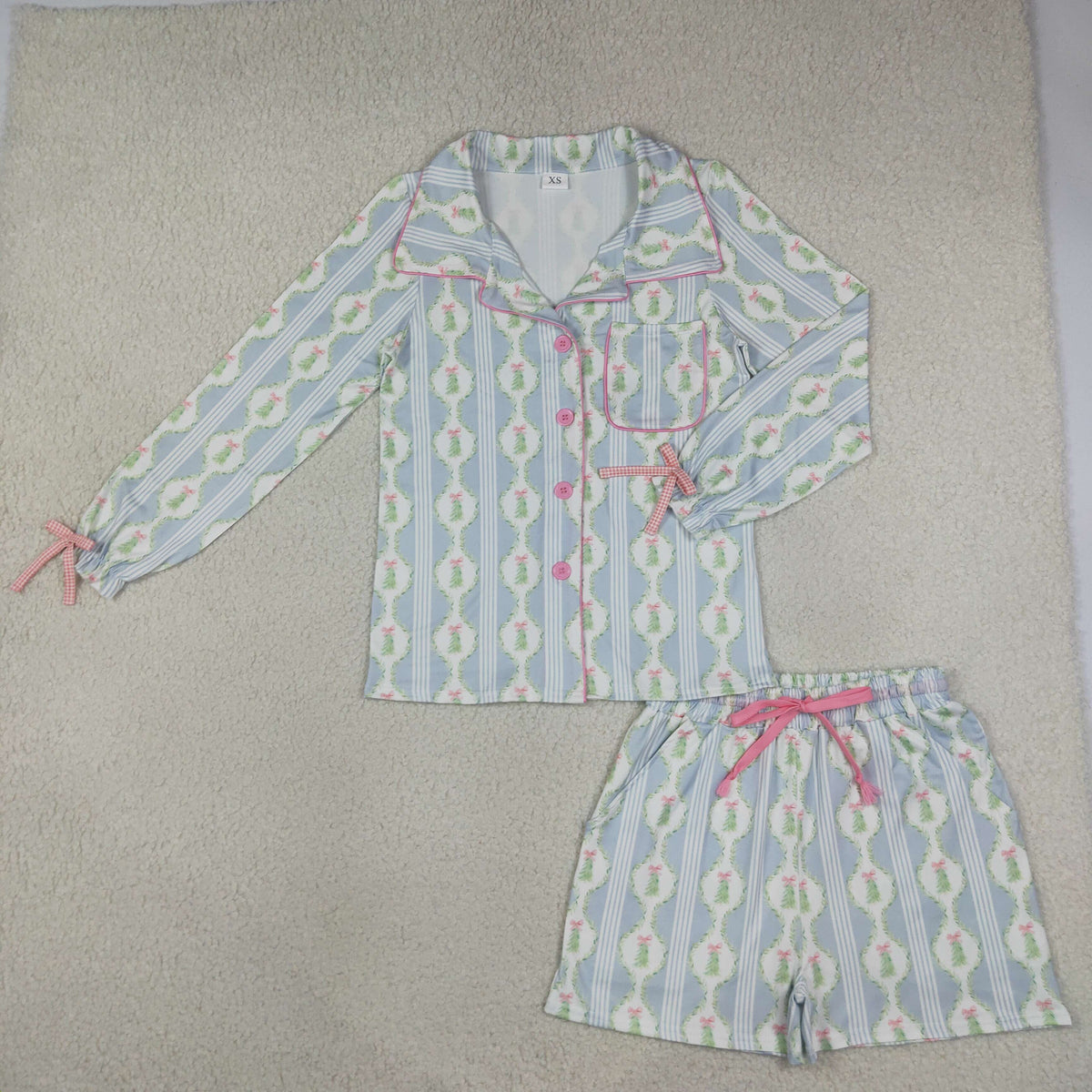 GLS0114 Christmas Trees Bows Adult Women's Shorts Pajamas Set