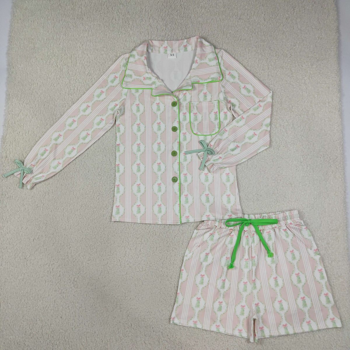 GLS0115 Christmas Trees Bows Green Adult Women's Shorts Pajamas Set