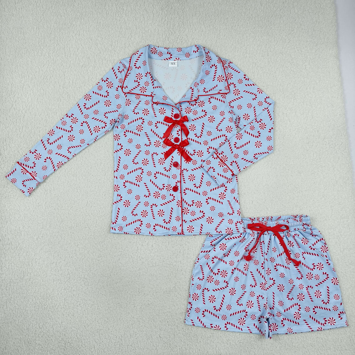 GLS0116 Christmas Candy Canes Bows Adult Women's Shorts Set