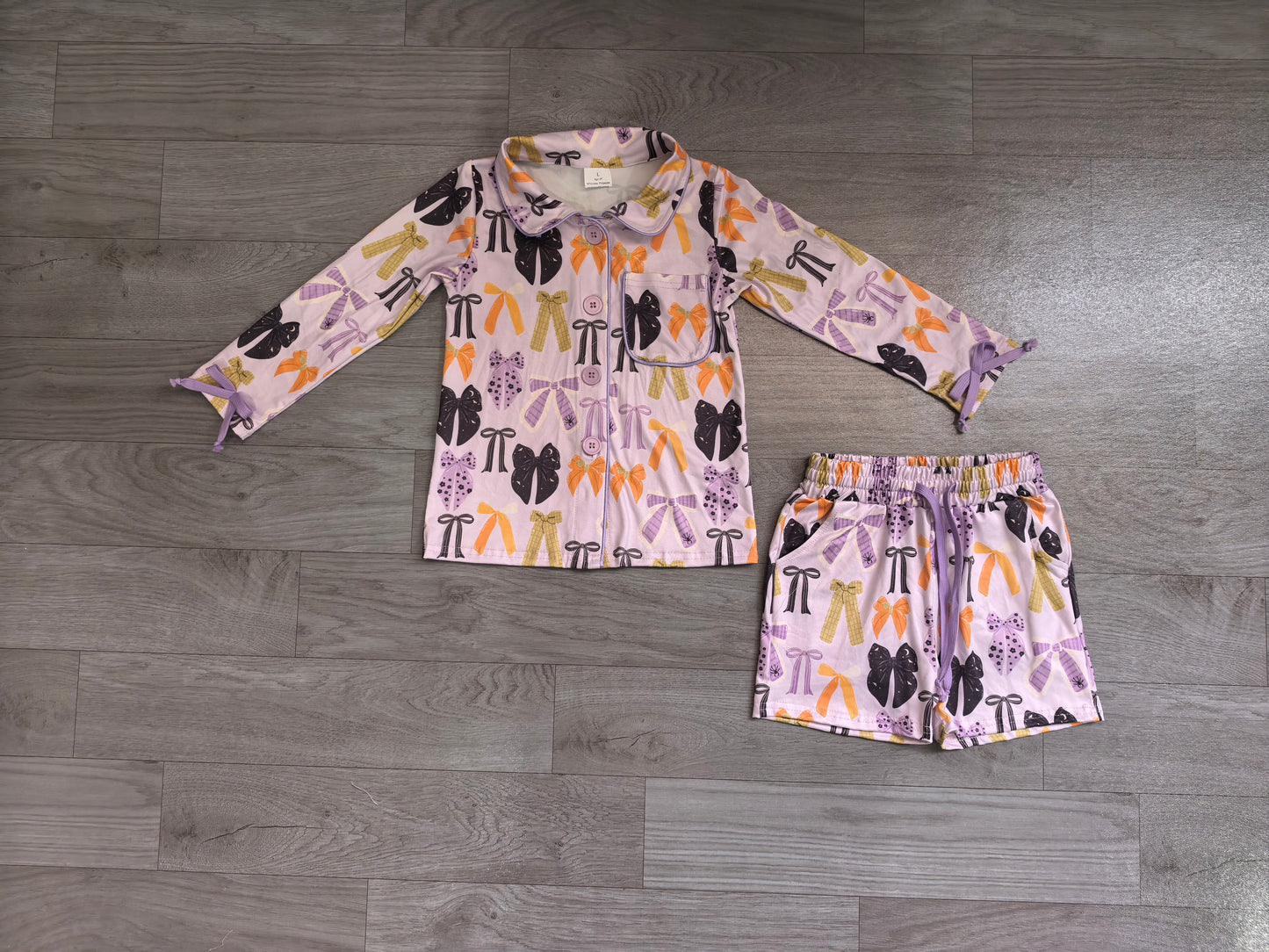 NO MOQ preorder GLS0120 Adult Female Halloween Bows Purple Polo Button Long Sleeve Shorts Pajamas Set 202607