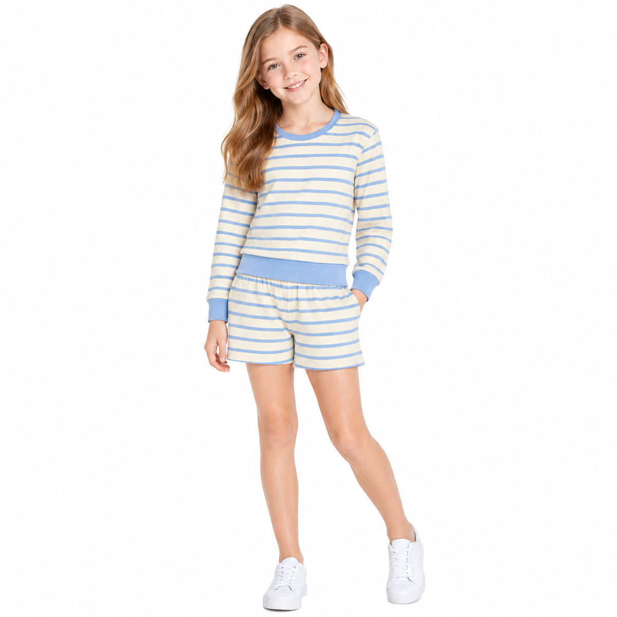 GLS0125 Blue Stripe Yoga Girls Shorts Set
