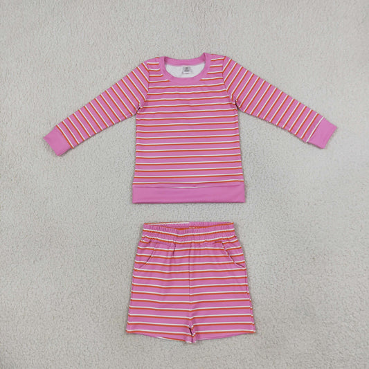 GLS0126 Solid Color Stripe Pink Yoga Girls Shorts Set
