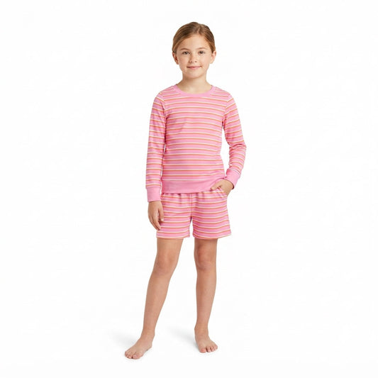 GLS0126 Solid Color Stripe Pink Yoga Girls Shorts Set