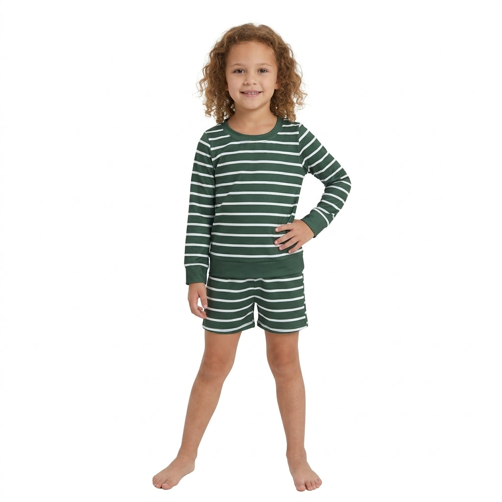 GLS0128 Solid Color Green Stripe Yoga Girls Shorts Set 202609 RTS