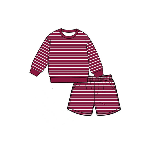 MOQ 5 PCS Preorder GLS0130 Solid Dark Red White Stripe Long Sleeve Top Shorts Girls Yoga Sets 202607