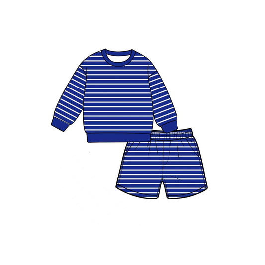 MOQ 5 PCS Preorder GLS0132 Solid Blue White Stripe Long Sleeve Top Shorts Girls Yoga Sets 202607