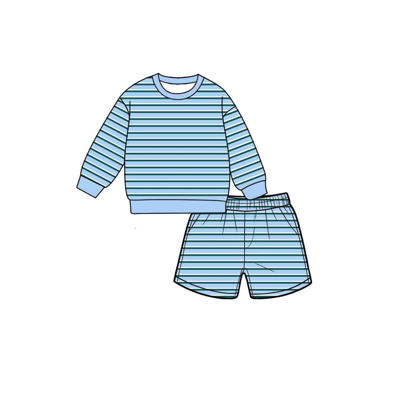 MOQ 5 PCS Preorder GLS0133 Solid Blue Green White Stripe Long Sleeve Top Shorts Girls Yoga Sets 202607