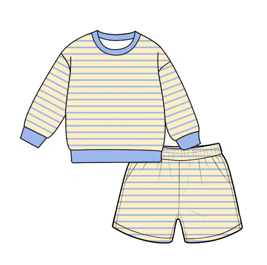 Preorder MOQ 5 PCS GLS0138 Adult Female Beige Blue Stripe Long Sleeve Shorts Yoga Sets 202607