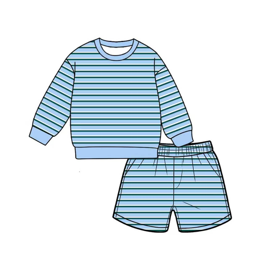 Preorder MOQ 5 PCS GLS0146 Adult Female Dark Light Blue Stripe Long Sleeve Shorts Yoga Sets 202607