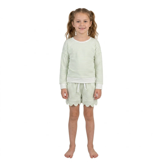 GLS0154 Light Green Stripe Scallop Edge Yoga Girls Shorts Set