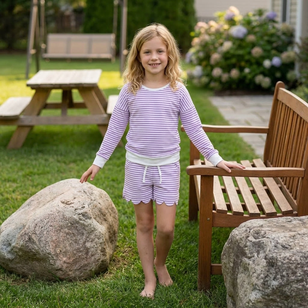 GLS0155 Purple Stripe Scallop Edge Yoga Girls Shorts Set