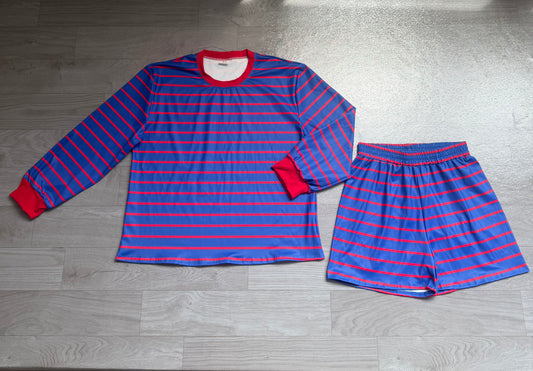 NO MOQ preorder GLS0160 Adult Female Blue Red Stripe Long Sleeve Shorts Yoga Sets 202607