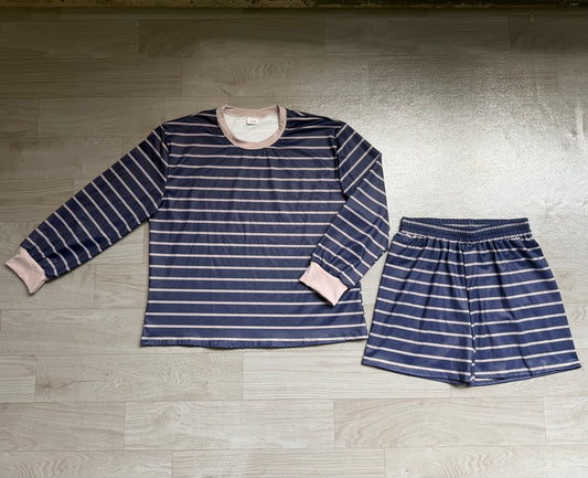 NO MOQ preorder GLS0161 Adult Female Navy Gray Stripe Long Sleeve Shorts Yoga Sets 202607